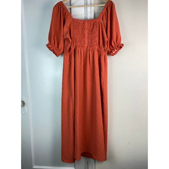 NWT Studio B by Bobeau Women's M Orange Puff Sleeve Off the Shoulder Midi Dress - Picture 4 of 7